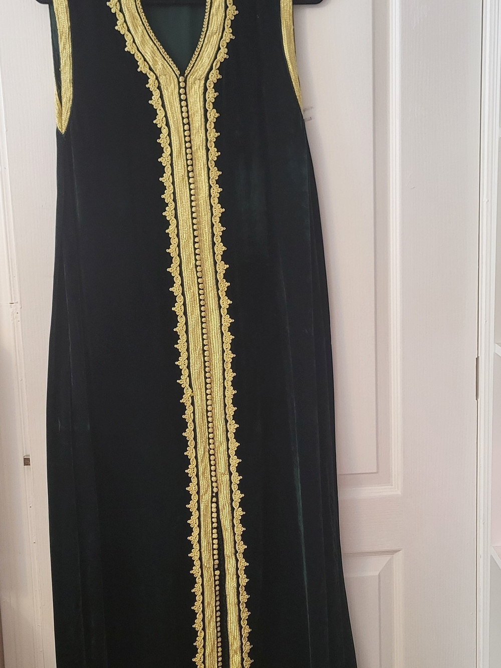 Elegant Black Velvet Maxi Dress with Gold Trim
